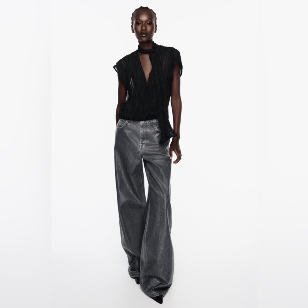 Zara Black Textured Tie-Front Top